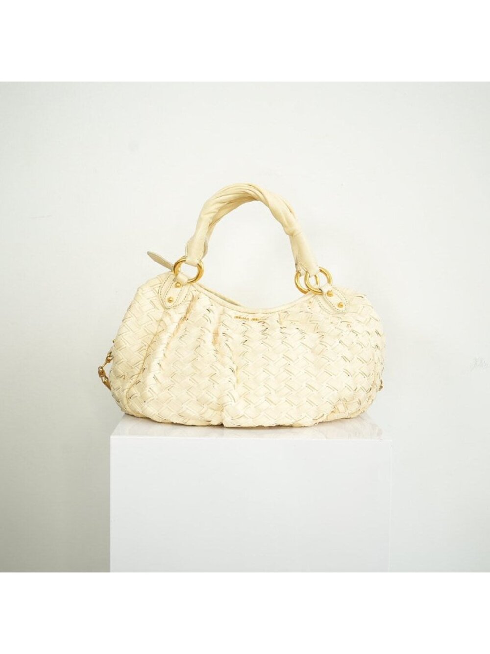 Miu Miu White Leather Woven Handle Bag